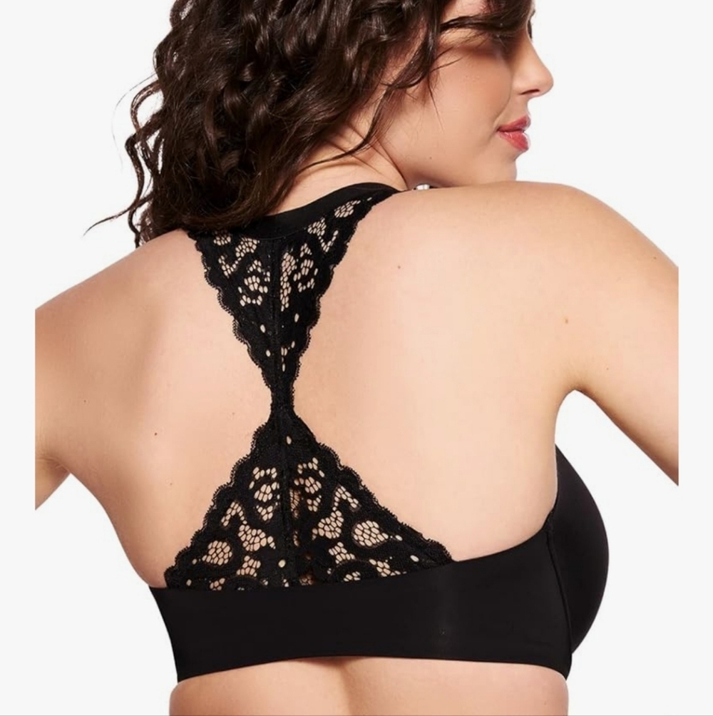 Felina Paramour Abbie Front Close T-Back Black Lace Contour Seamless Bra, 38G